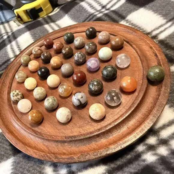 VTG Solitaire Board Game Set Semi-Precious Gemstone Stone Marbles Kenya Wood - Picture 4 of 8